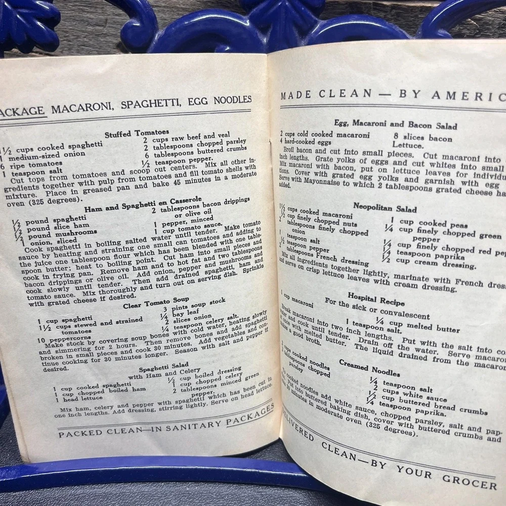 1922 Food Delights Recipes for Macaroni Spaghetti Egg Noodles Antique Cookbook‎